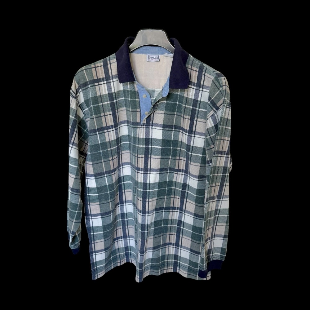 Bugle Boy Company XXL Rebel Plaid Long Sleeve Rugby Polo Shirt Green Navy Cotton